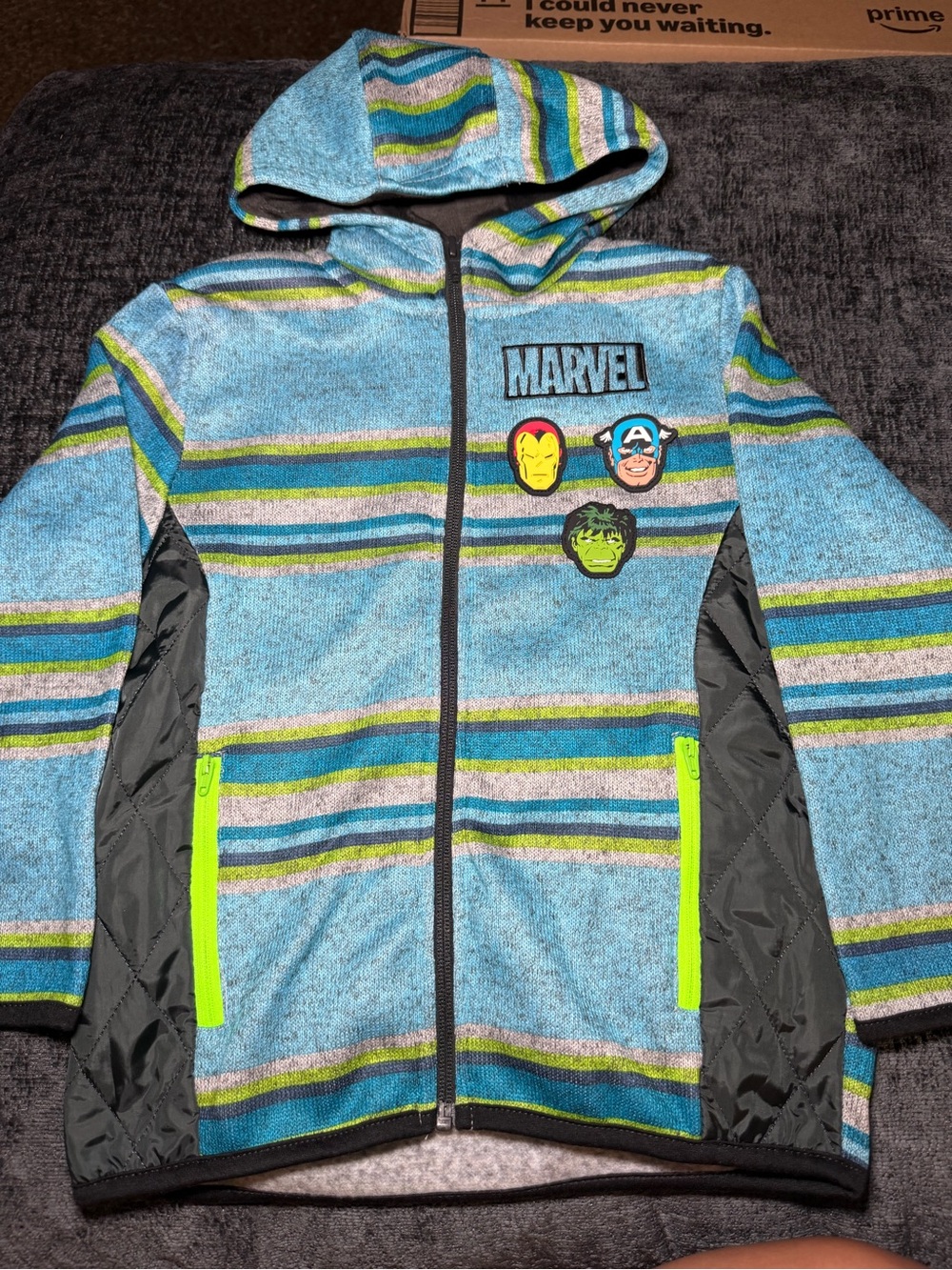 Marvel Blue Striped Hooded Zip Jacket with Neon Green Zippers